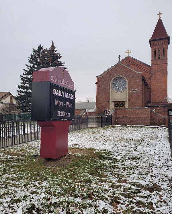 St. MIchael's Church and outside sign, December 2021